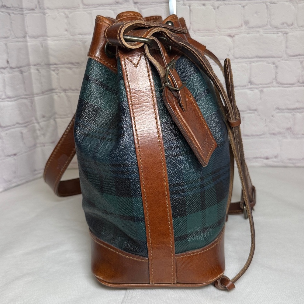 Vintage Polo Rally Lauren Plaid Brown Leather Crossbody Bucket Bag w/Luggage Tag - Picture 5 of 15